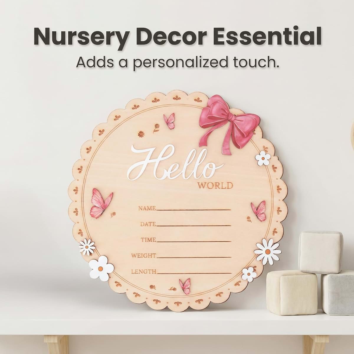 OENIZI Hello World Wooden Baby Birth Announcement Sign with Pink Bow, 6.5 Inch (photo 2)