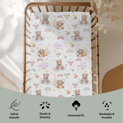 Watercolor Bear Rainbow Pink Crib Sheet 28x52 with 9 Inch Deep Pocket Fitted Standard Crib Mattress Cover