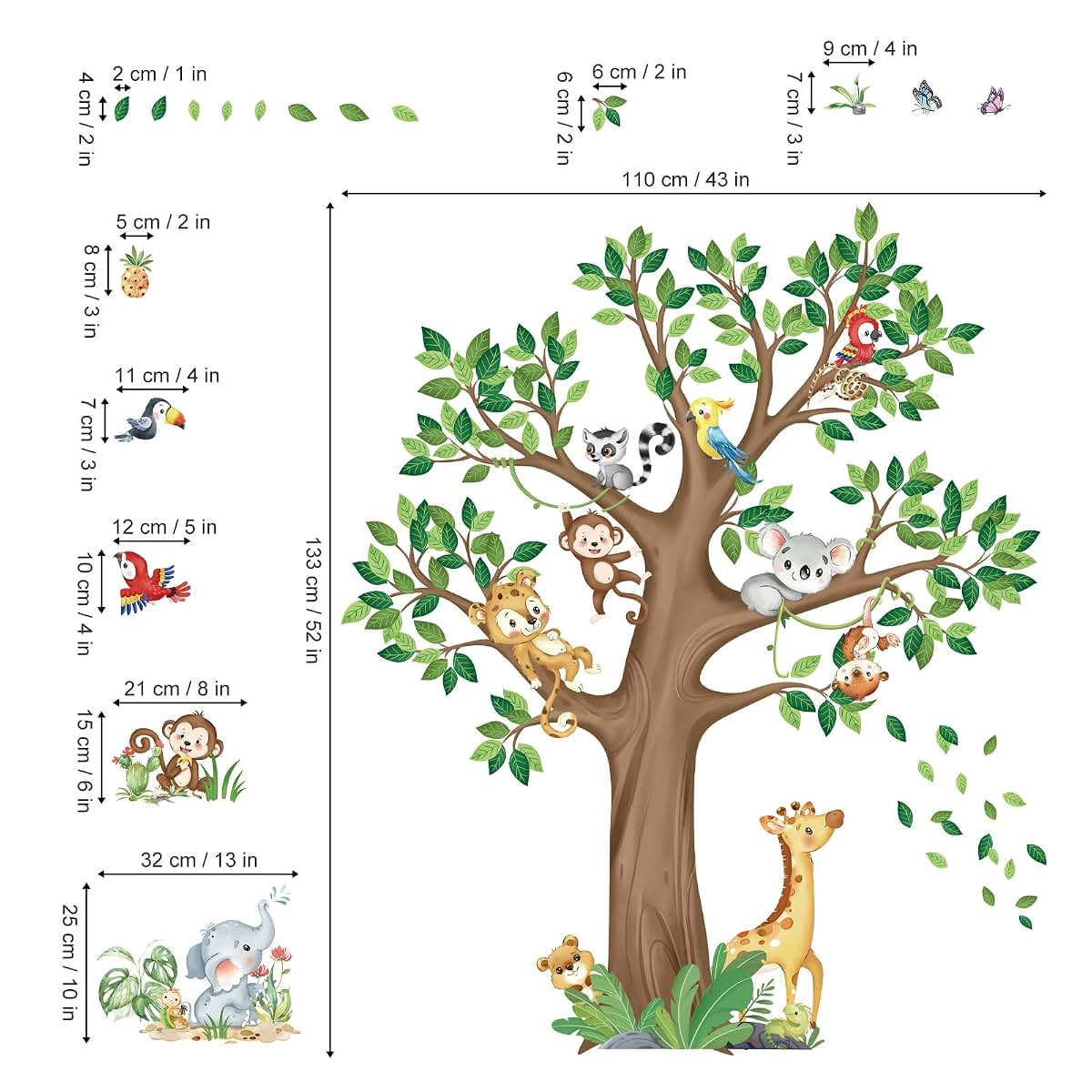 Yanfeng Jungle Animal Tree Wall Decals Stickers - Peel and Stick Vinyl Decor, Waterproof, 4 Sheets