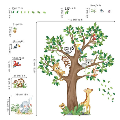 Yanfeng Jungle Animal Tree Wall Decals Stickers - Peel and Stick Vinyl Decor, Waterproof, 4 Sheets