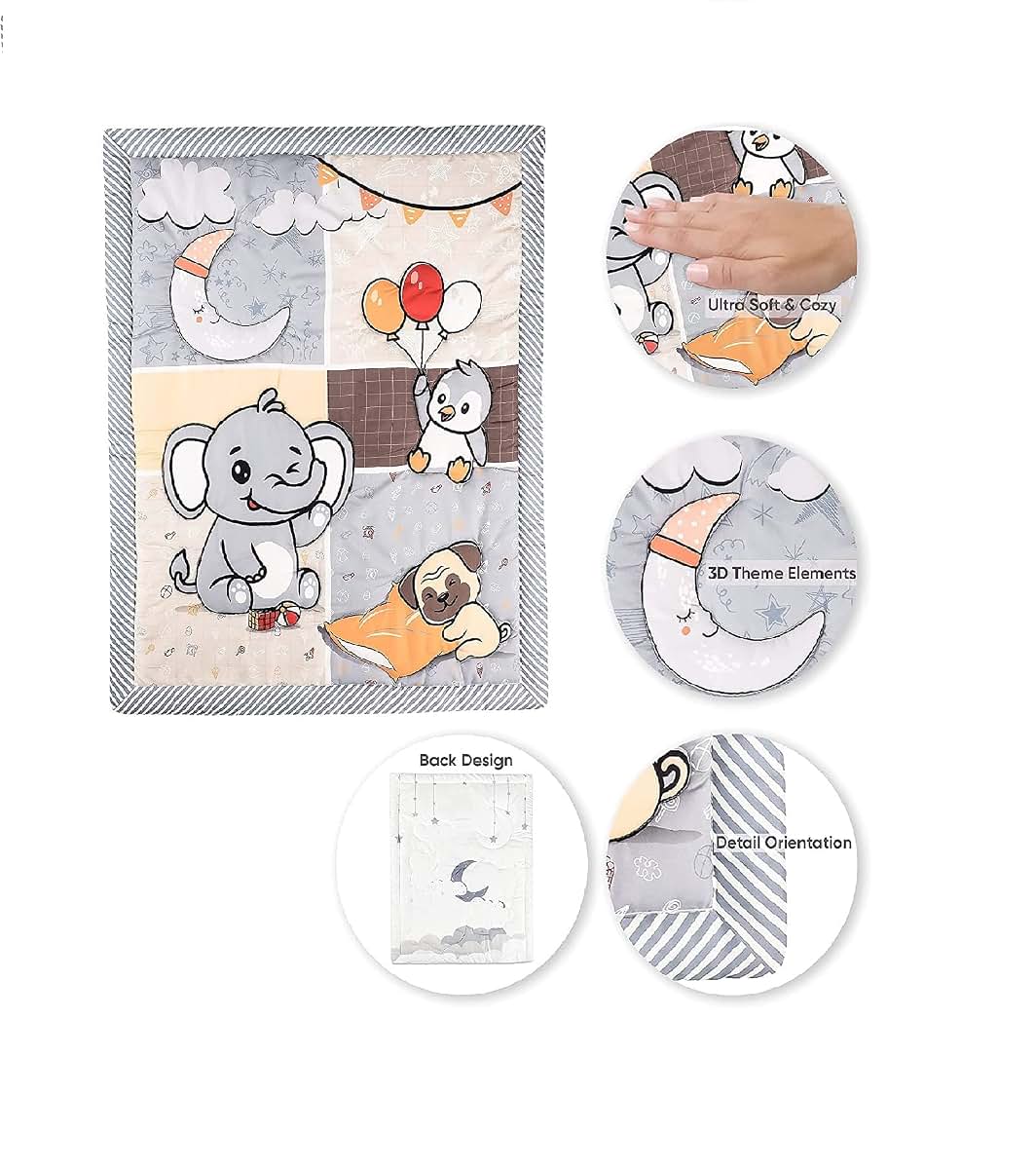 JHLCARPET Baby Crib Quilt with Elephant, Penguin, and Pug Design, Nursery Bedding Quilt with Moon and Balloons Theme