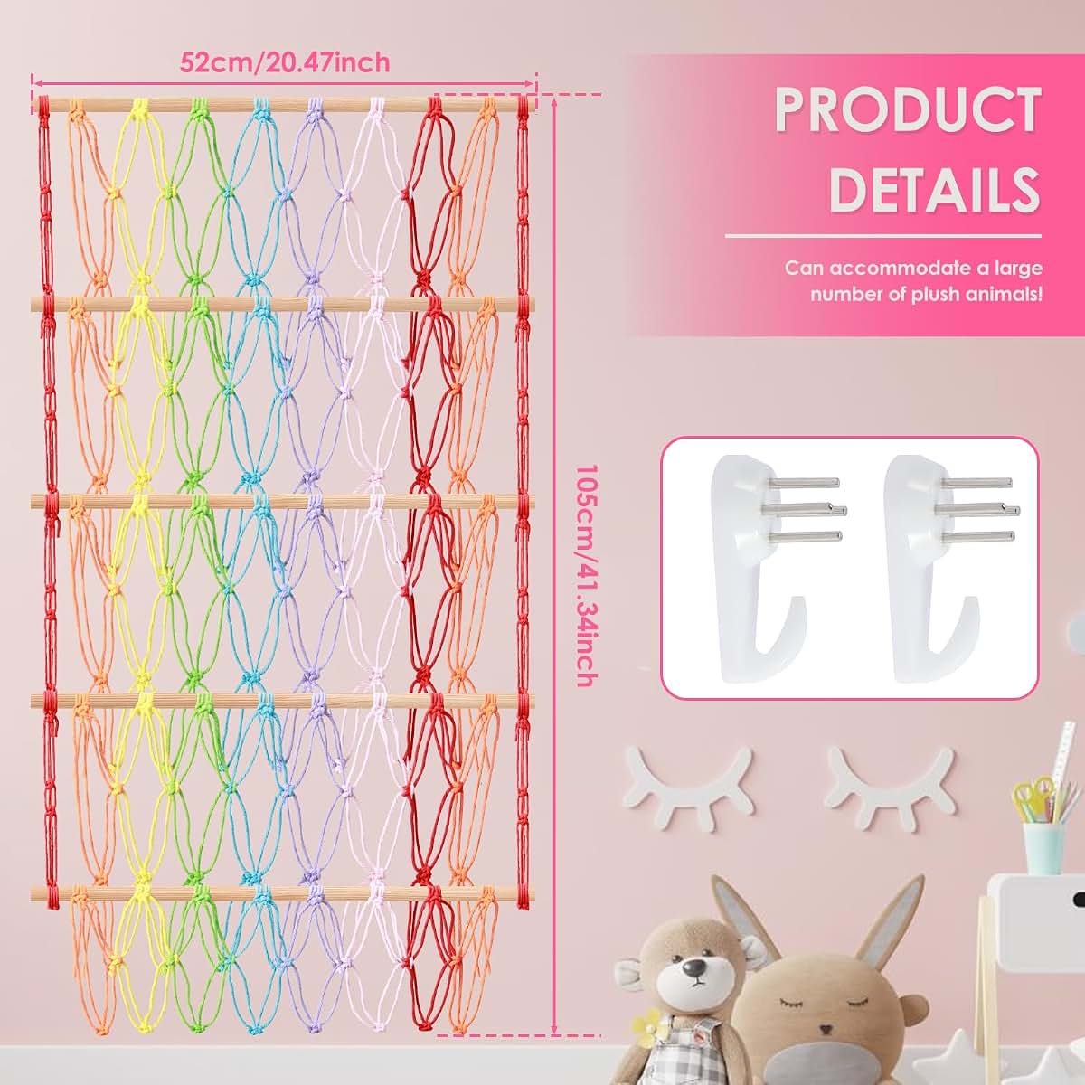 Stuffed Animal Storage Hammock Net, 52x105cm Cotton Rope Wall Hanging Organizer for Nursery