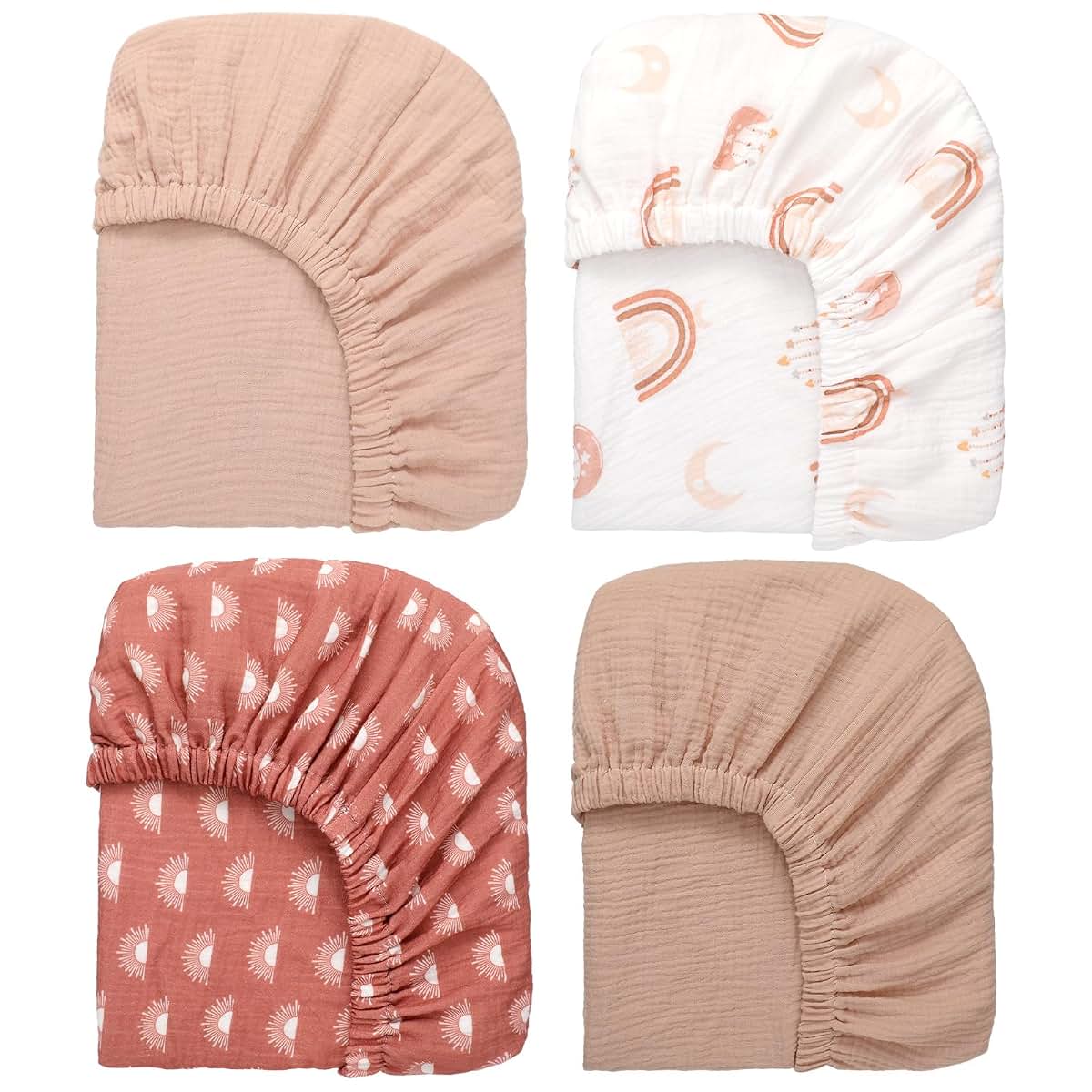 Mindsoft 4 Pack Boho Muslin Fitted Crib Sheets for Nursery Decor