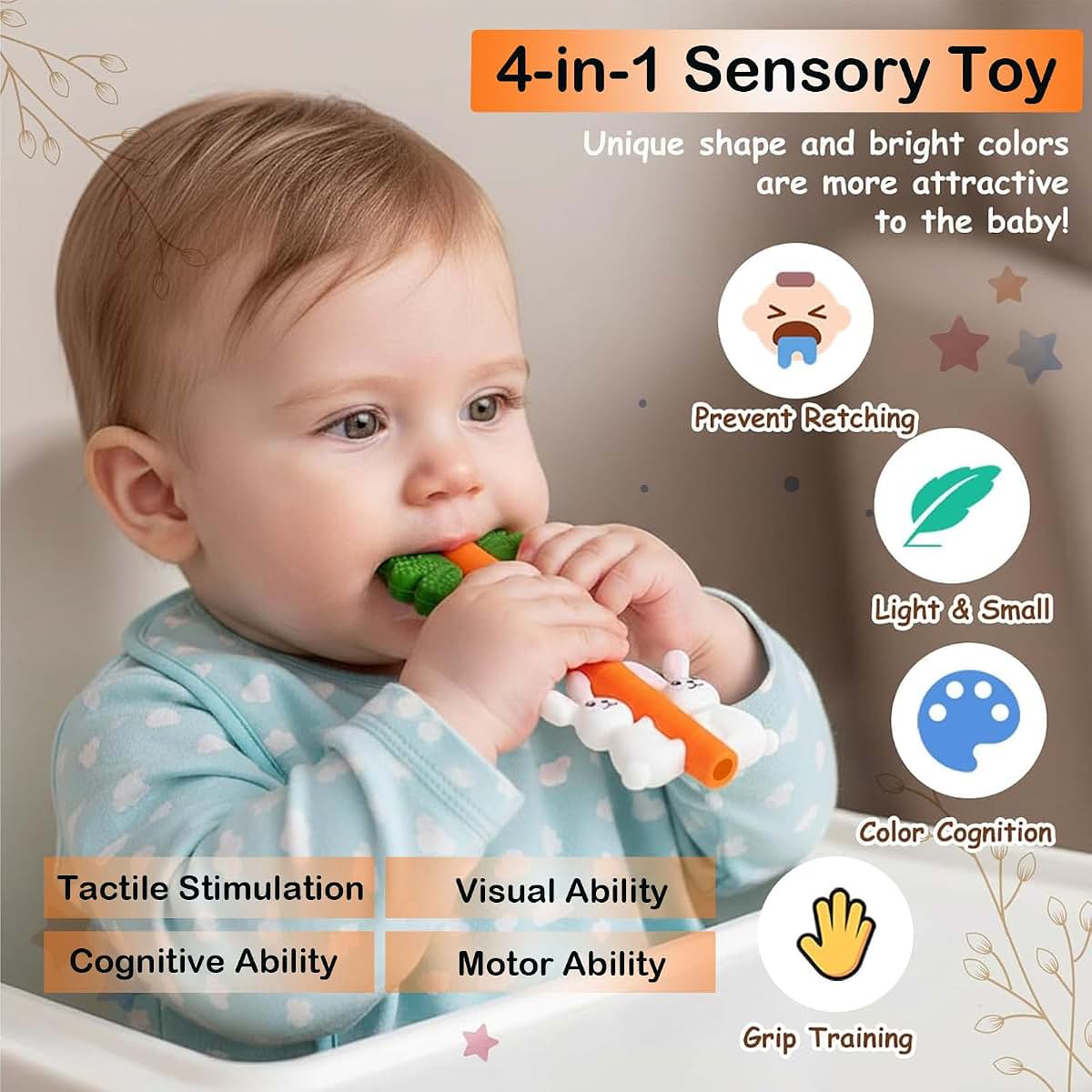 Wovinda Silicone Carrot Rabbit Hollow Teething Tubes, Sensory Chew Toy for Babies 3+ Months