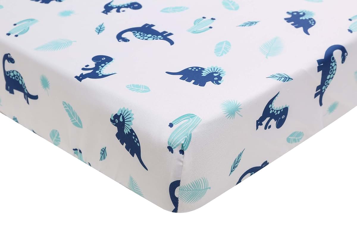 CribMATE Dinosaur Crib Fitted Sheet White Blue T-Rex Dino Baby Crib Fitted Sheet Unisex