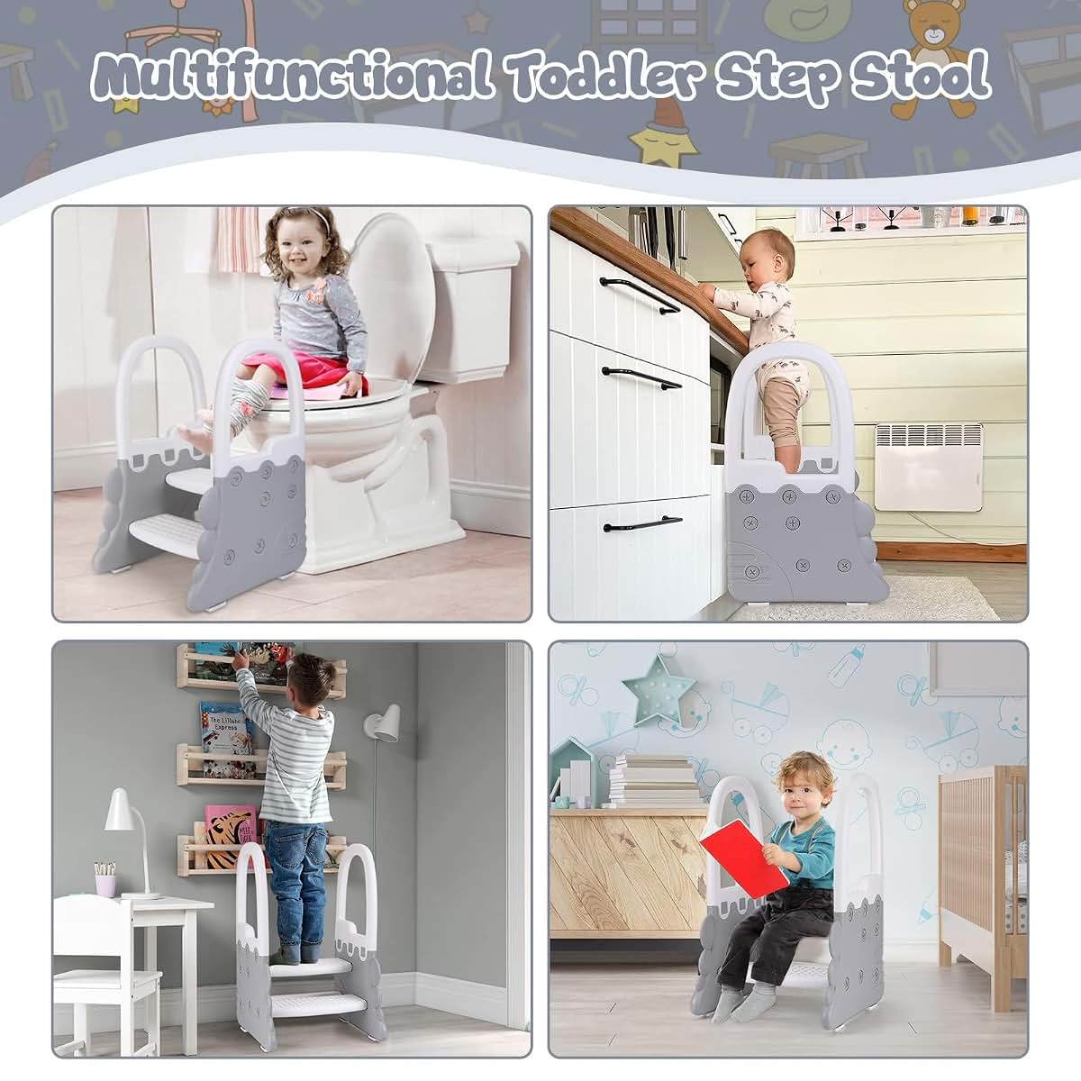 FinerFurnis Toddler 2 Step Stool With Dinosaur Theme And Handrails (photo 2)