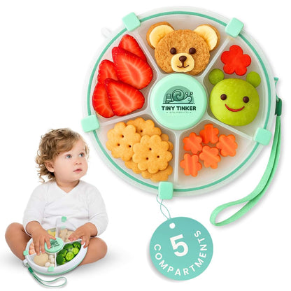 Tiny Tinker Snack Spin Container for Toddlers with Lid, Small 5-Compartment Durable, Portable, Leak-Proof – Easy to