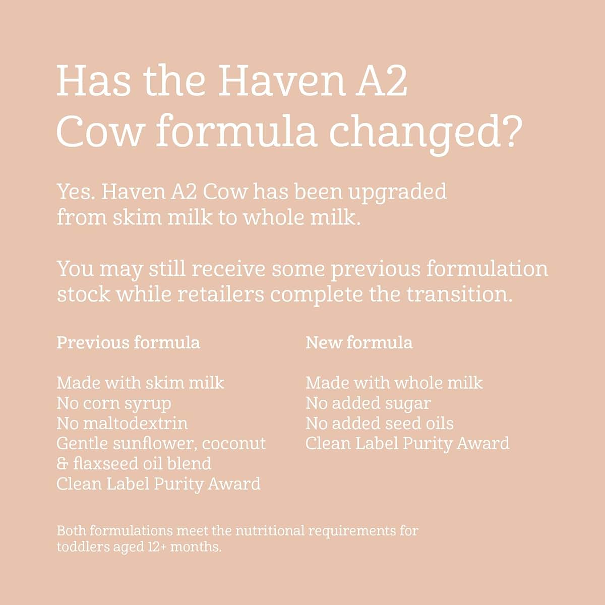 Haven A2 Cow Toddler Formula, Grass-Fed Whole Milk, 12+ Months, 14.1oz (6 Pack)