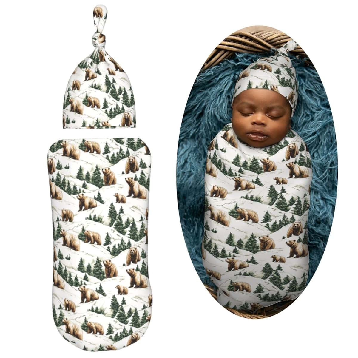 Muishi Brown Bears with Tree Newborn Swaddle Blanket and Hat Set, 0-6 Months