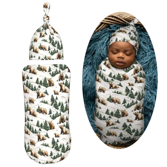 Muishi Brown Bears with Tree Newborn Swaddle Blanket and Hat Set, 0-6 Months