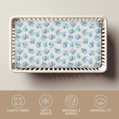 Selgkds Blue Hydrangea Bows Baby Crib Sheets for Boy Girl Preppy Bows Floral Ribbon Soft Fitted Crib Mattress Covers