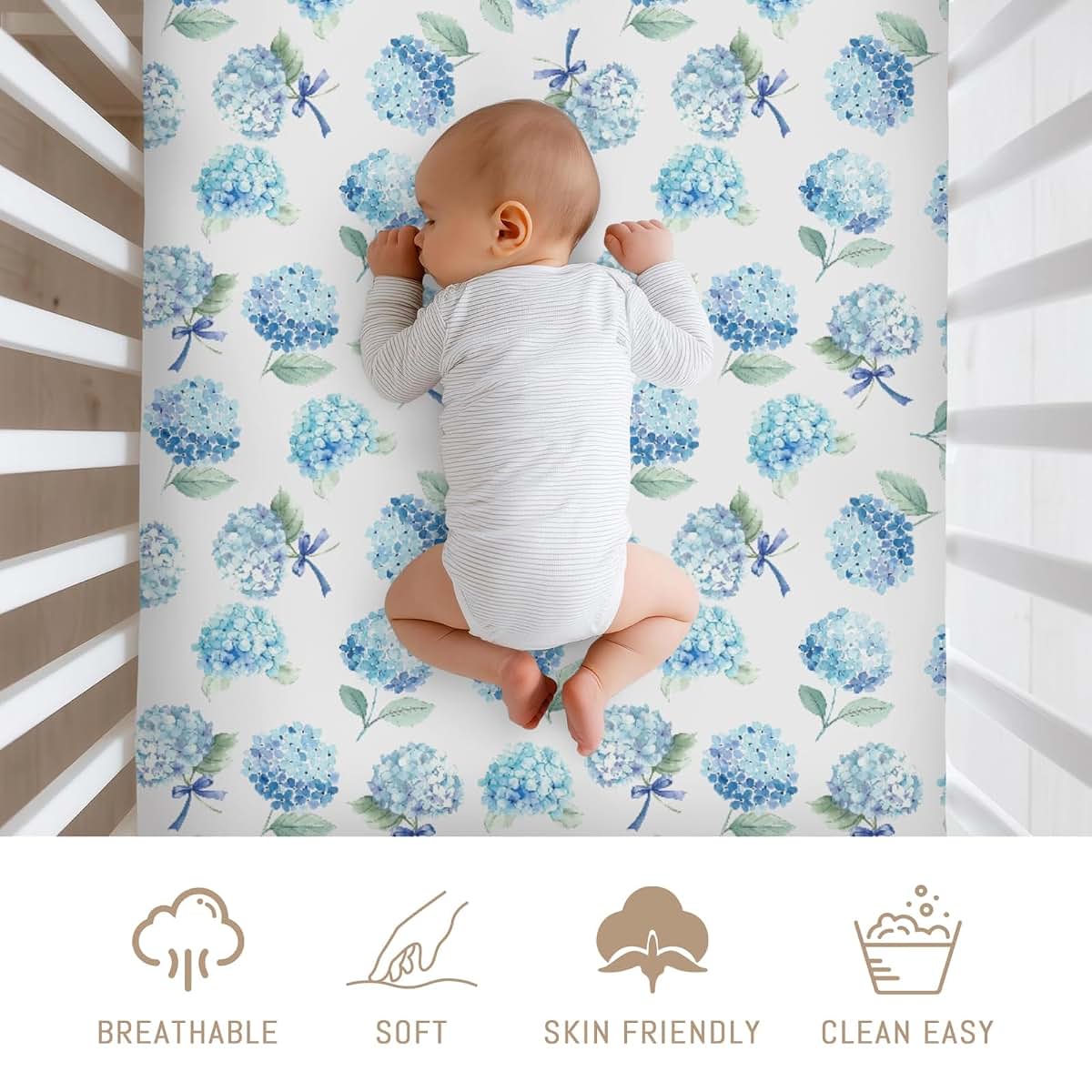 Selgkds Blue Hydrangea Bows Baby Crib Sheets for Boy Girl Preppy Bows Floral Ribbon Soft Fitted Crib Mattress Covers