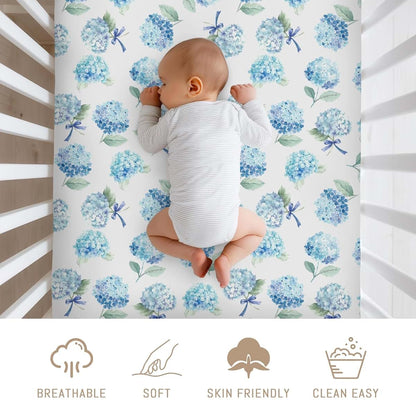 Selgkds Blue Hydrangea Bows Baby Crib Sheets for Boy Girl Preppy Bows Floral Ribbon Soft Fitted Crib Mattress Covers