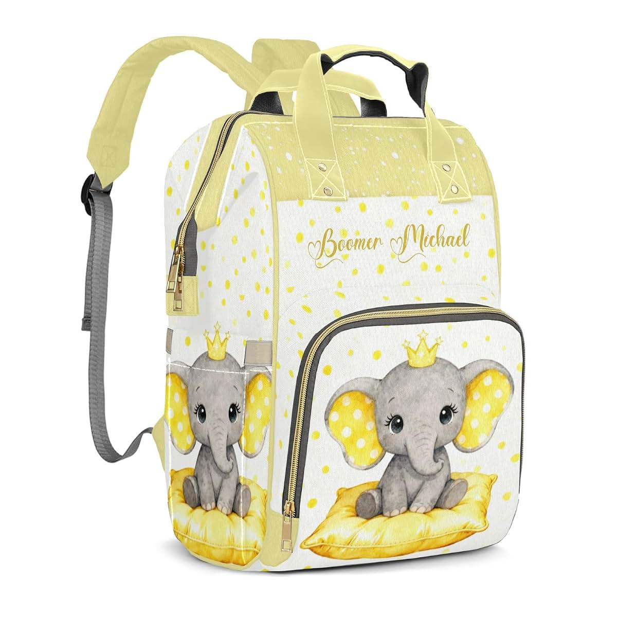 YallLocoMo Personalized Diaper Bag Backpack Gift Yellow Background with White Dot Elephan Multi-Purpose Nappy Bag: (photo 2)
