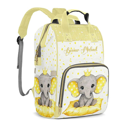 YallLocoMo Personalized Diaper Bag Backpack Gift Yellow Background with White Dot Elephan Multi-Purpose Nappy Bag: (photo 2)