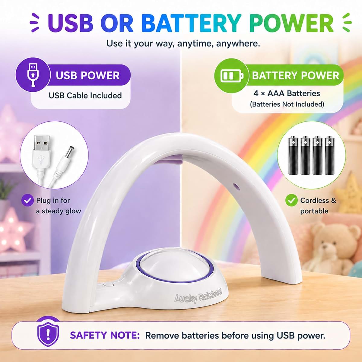 Rainbow Projector Night Light for Kids Bedroom with 10-Min Auto-Off Timer and Dual Power