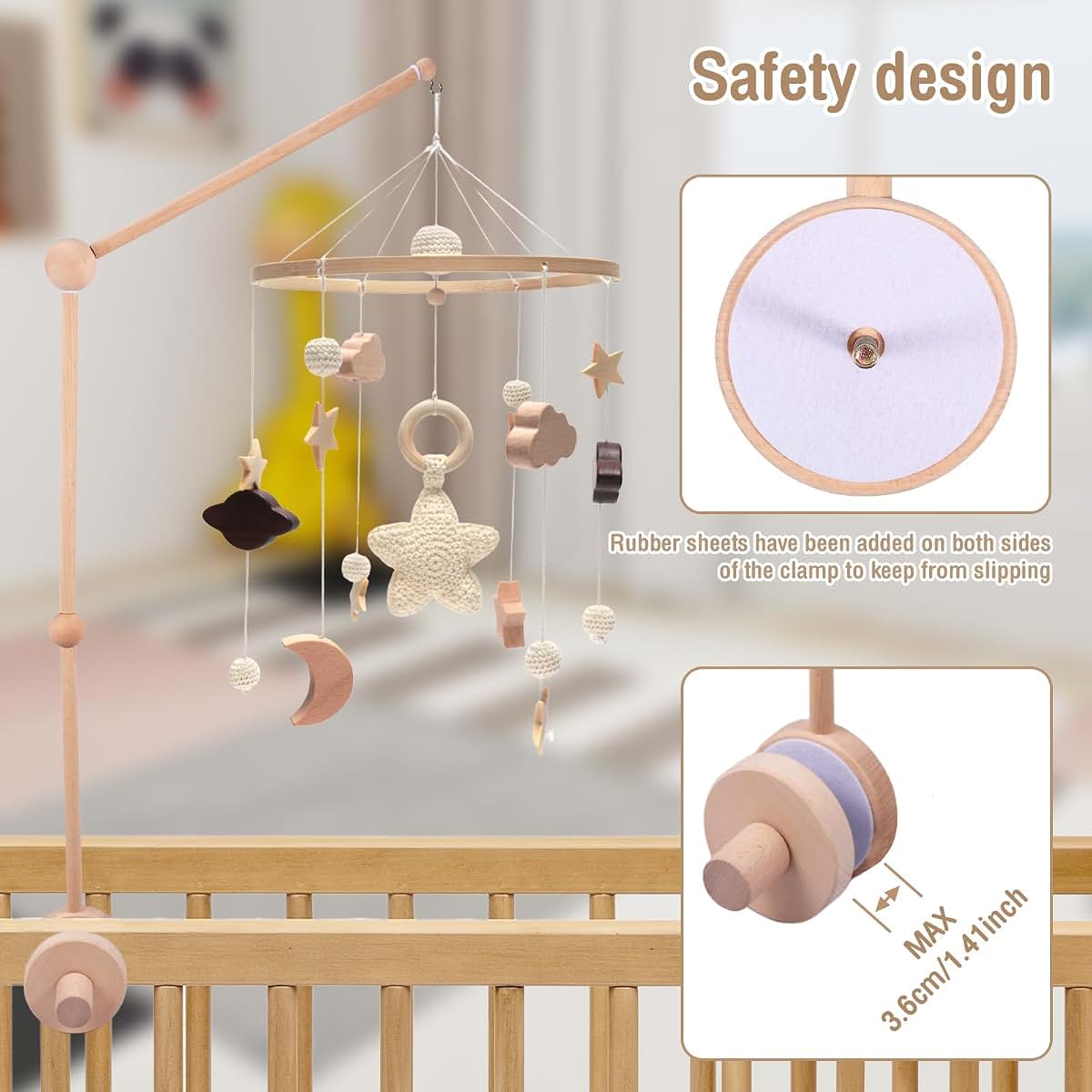 BabyOneStop Wooden Crib Mobile Arm with 360° Rotation for Newborn Nursery Decor