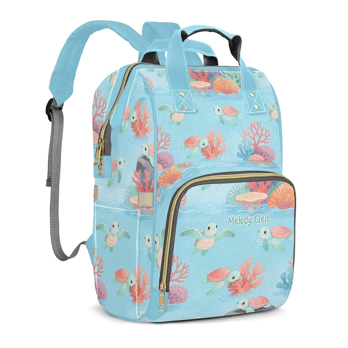 YallLocoMo Custom Diaper Bag Backpack, Cartoon Turtle Coral Print (photo 2)
