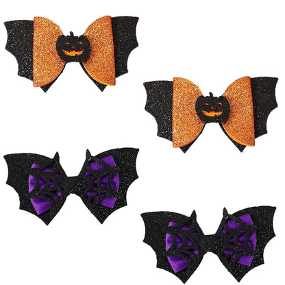 4 Pcs Halloween Bow Hair Clips Set - Pumpkin & Bat Barrettes
