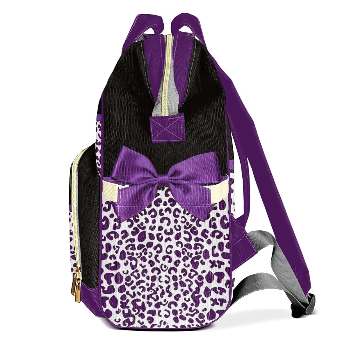 LiSoAkWE Customizable Large Capacity Purple Print Leopard Bow Diaper Bag Personalized Name,Waterproof Multi-Function (photo 3)