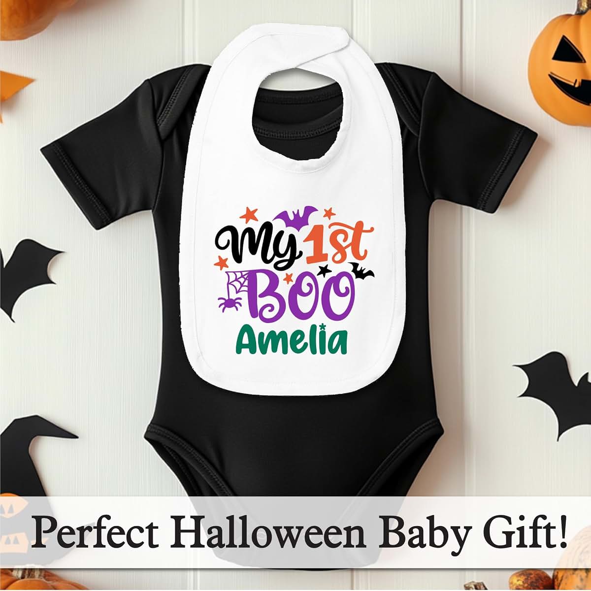 Smiling Jindo Personalized My 1st Boo Baby Bib – Custom Name First Halloween Bib for Newborns & Infants – Soft Cotton (photo 3)
