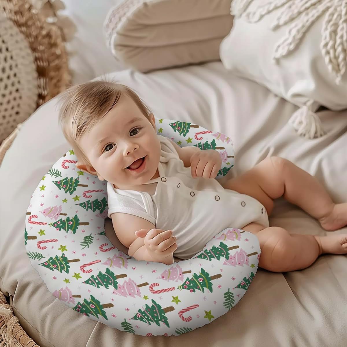 BabyOneStop Christmas Trees Stars Nursing Pillow Cover, Stretchy Polyester Slipcover