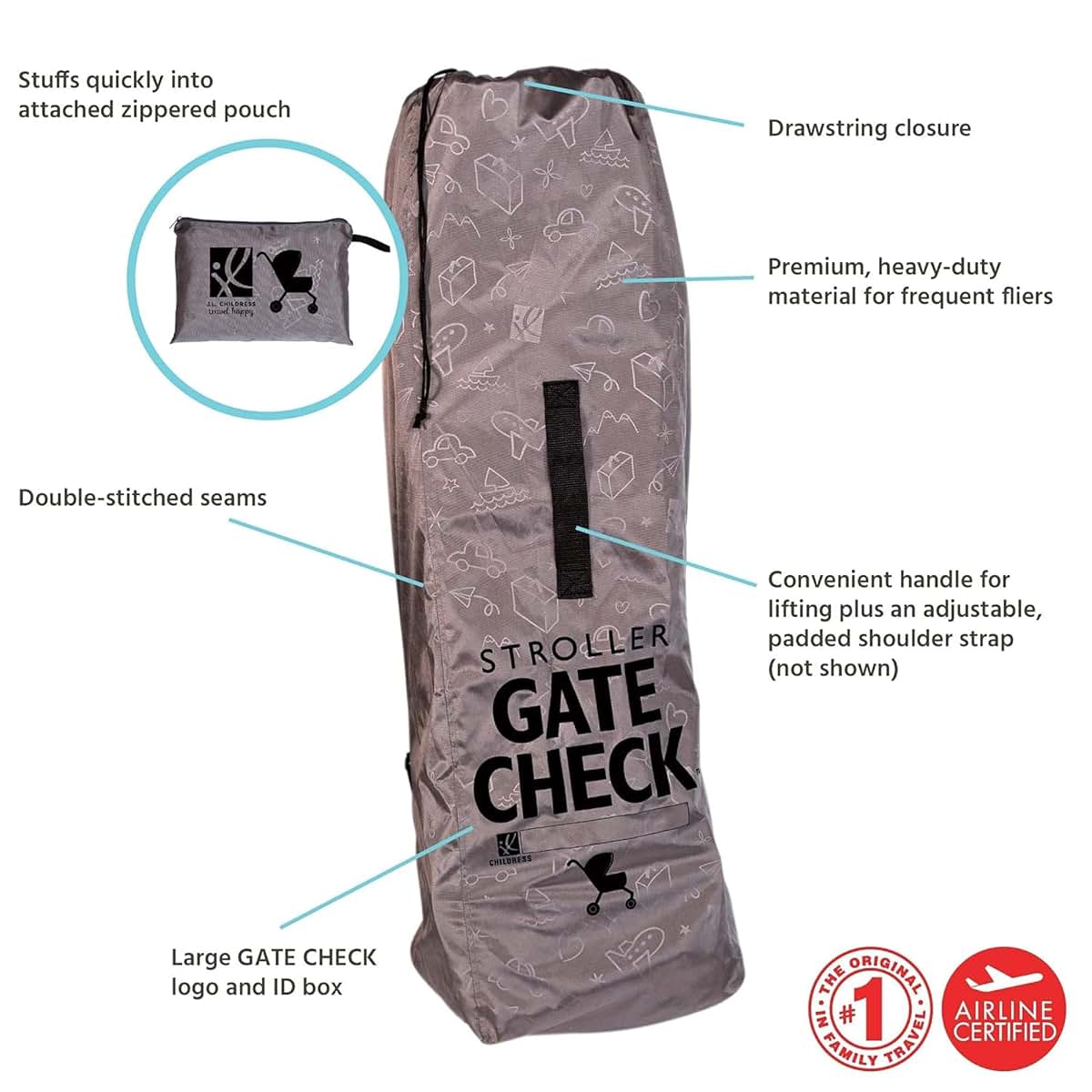 J.L. Childress Gate Check Travel Bag for Umbrella Strollers, Deluxe Grey