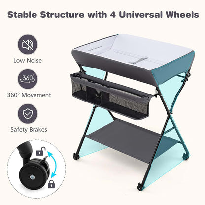 INFANS Portable Baby Changing Table with Wheels, Folding Diaper Station, Storage Basket, Adjustable Height, Gray