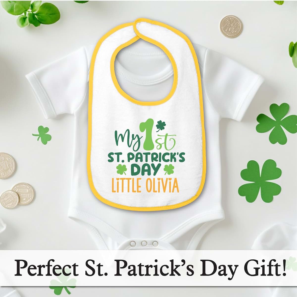 Smiling Jindo Personalized My 1st St. Patrick’s Day Baby Bib with Name – Custom First St Paddy’s Gift, Soft Cotton Terry (photo 3)