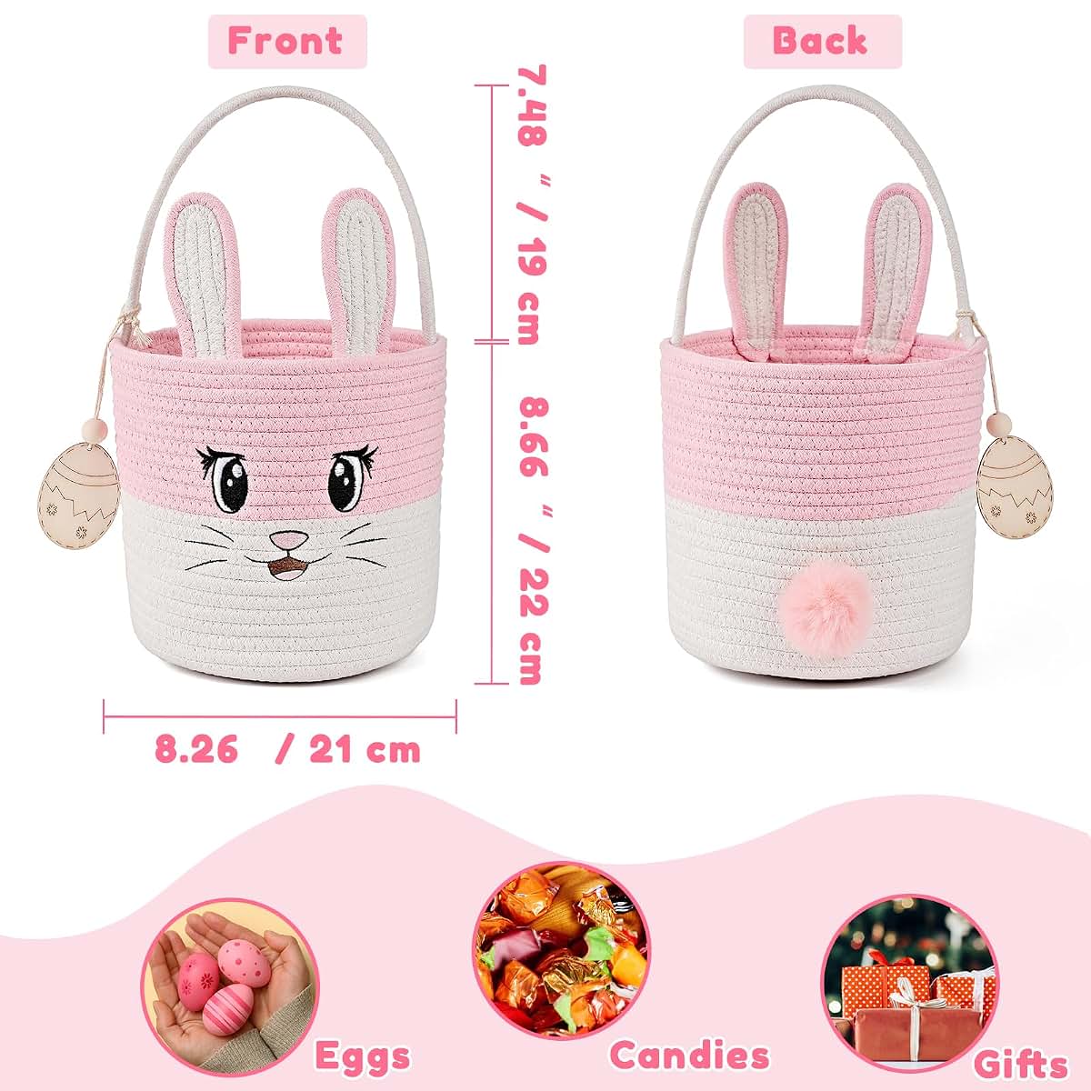 INough Easter Basket Cute Bunny Baskets Personalized Rabbit Bucket with Folding Handle for Egg Hunting, Embroidered