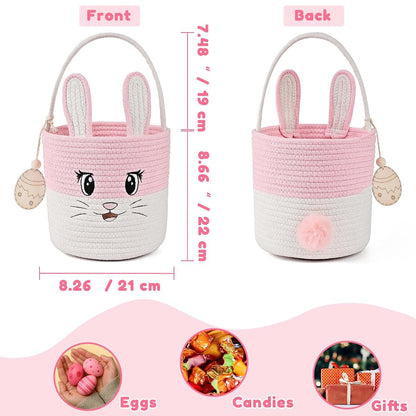 INough Easter Basket Cute Bunny Baskets Personalized Rabbit Bucket with Folding Handle for Egg Hunting, Embroidered