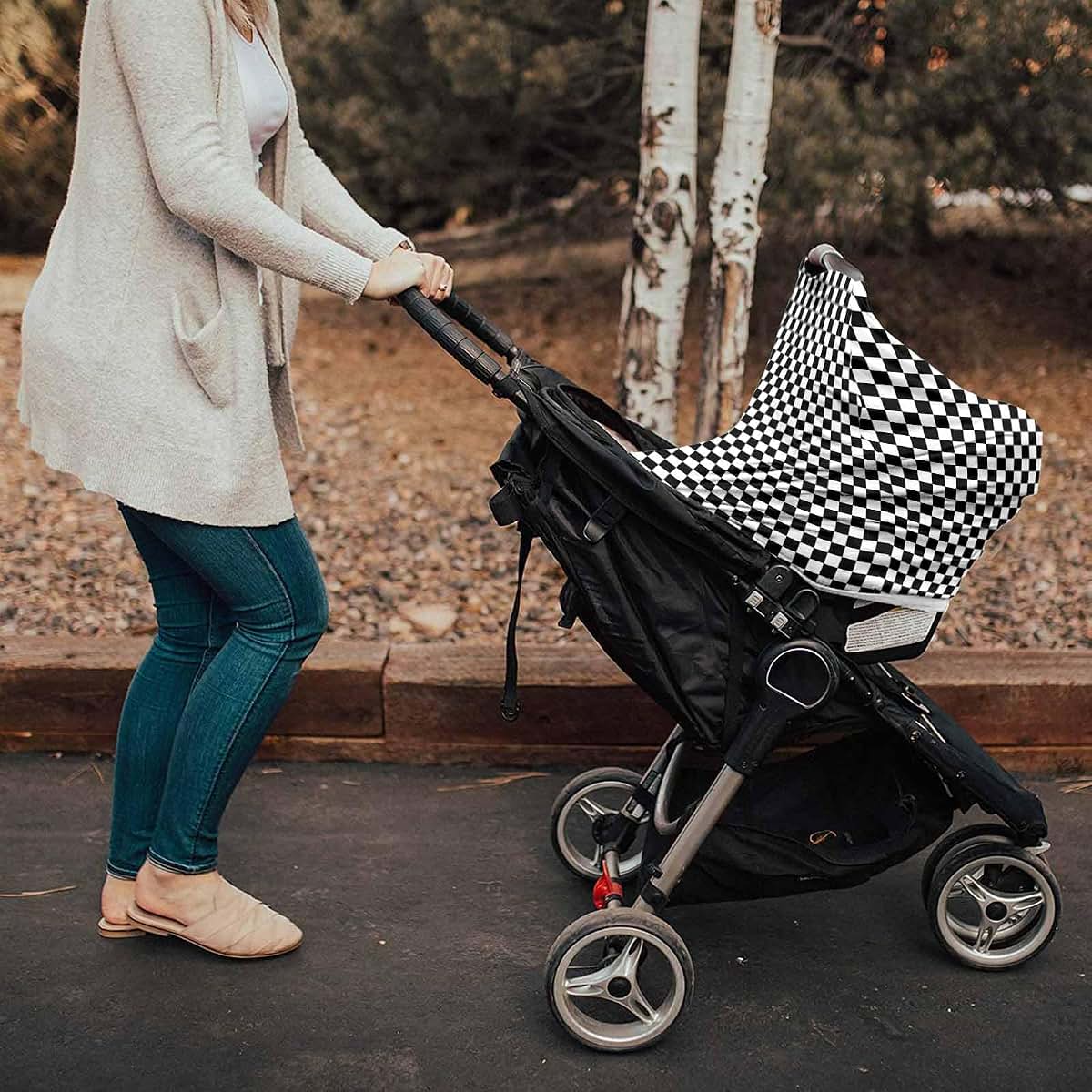BabyOneStop Nursing Cover for Breastfeeding and Car Seat, Tubular Stretchy Cover, Buffalo Plaid Black White