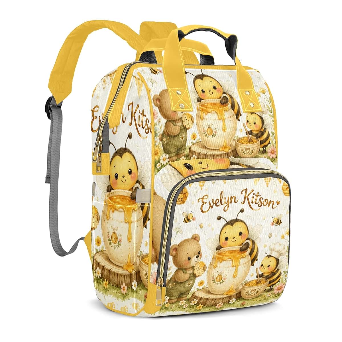 YallLocoMo Personalized Diaper Bag Backpack Gift Watercolor Honey Pot Bee Bear Convenient and Durable: Waterproof (photo 2)
