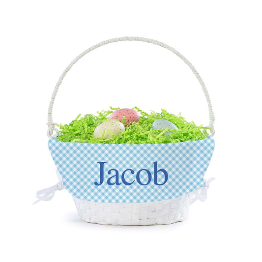 Personalized Planet Personalized Easter Egg Basket with Handle and Custom Name | Blue Gingham Easter Basket Liners
