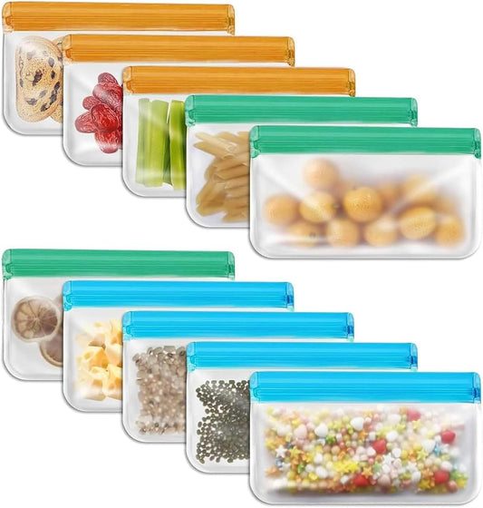 Ehigta 10 Pack Reusable PEVA Snack Bags, Rectangular Food Storage