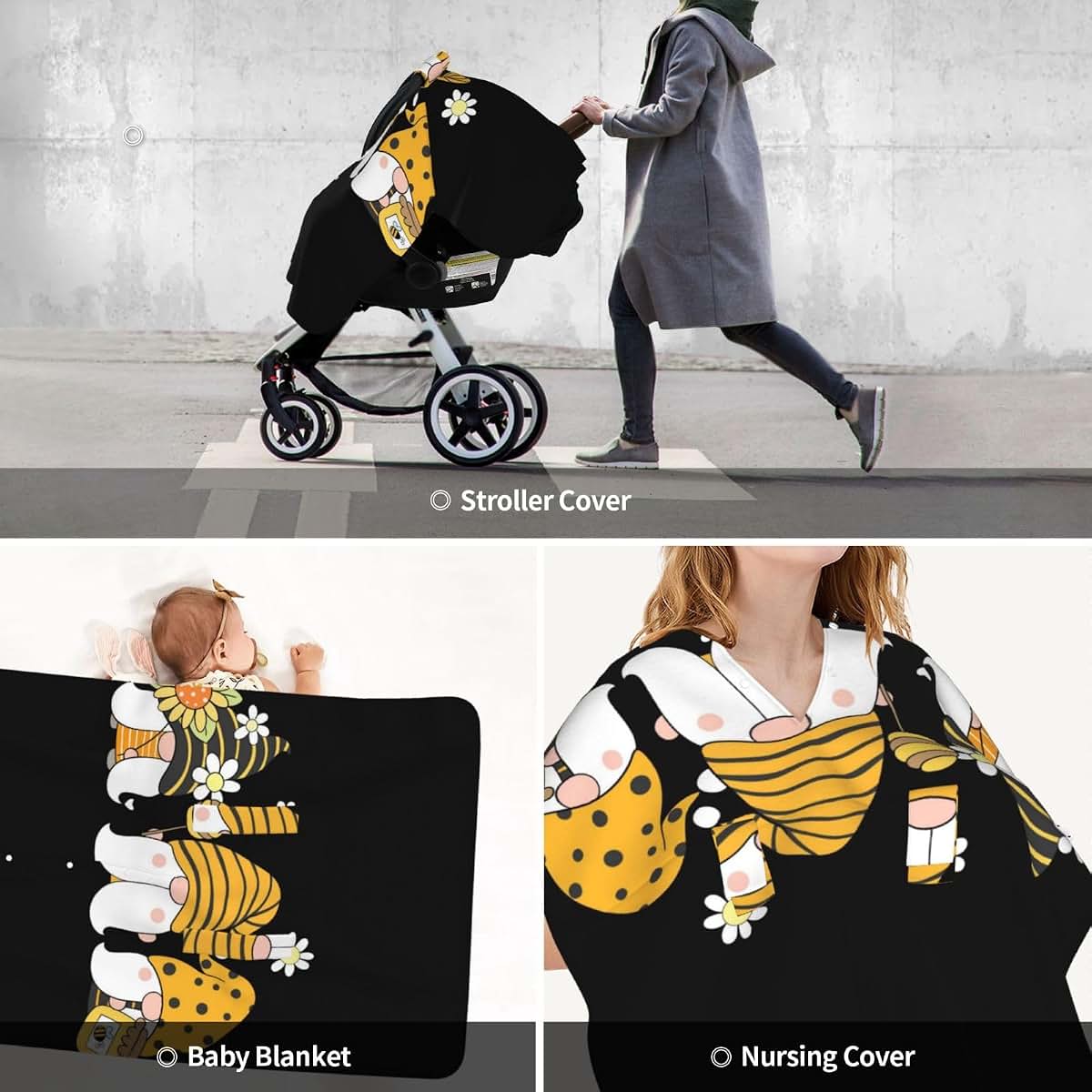 CAYKWVZ Sunflower Bee Cute Cartoon Gnome Black Baby Car Seat Canopy Cover Multi Use Shower Gift, Nursing Cover for Mom