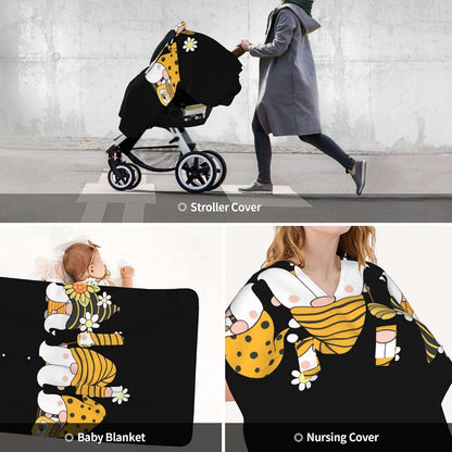 CAYKWVZ Sunflower Bee Cute Cartoon Gnome Black Baby Car Seat Canopy Cover Multi Use Shower Gift, Nursing Cover for Mom