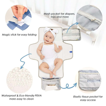 Jihqo Diaper Changing Pad Blue & White Gingham Portable Diaper Mat with Built-in Pillow
