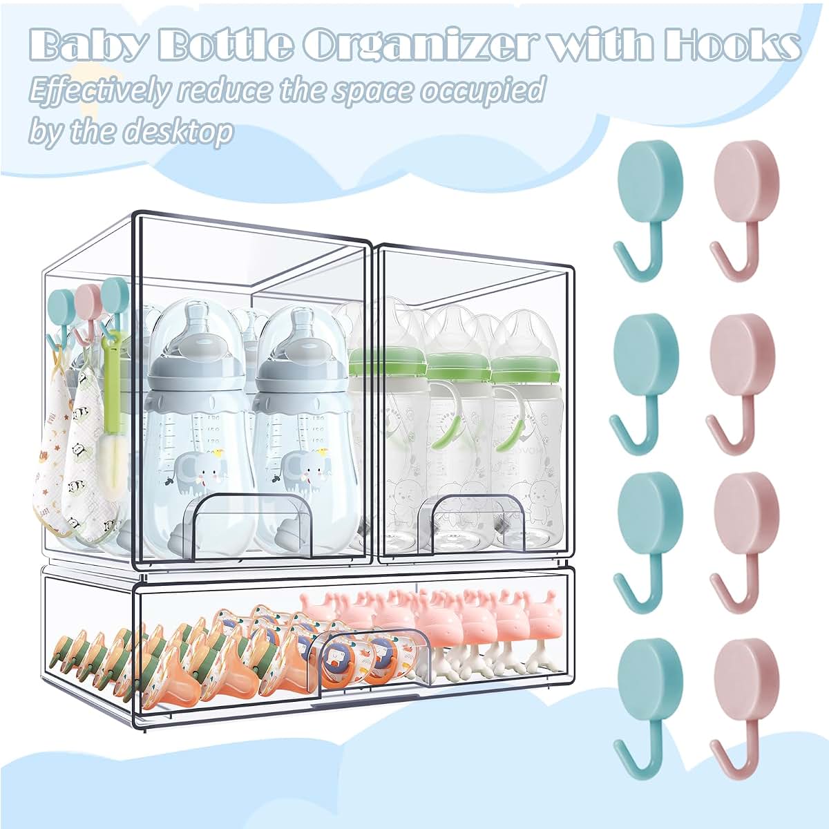 Zebrater Baby Bottle Organizer with Hooks - 5 Pack Stackable Clear Acrylic Storage Drawers
