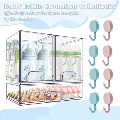 Zebrater Baby Bottle Organizer with Hooks - 5 Pack Stackable Clear Acrylic Storage Drawers
