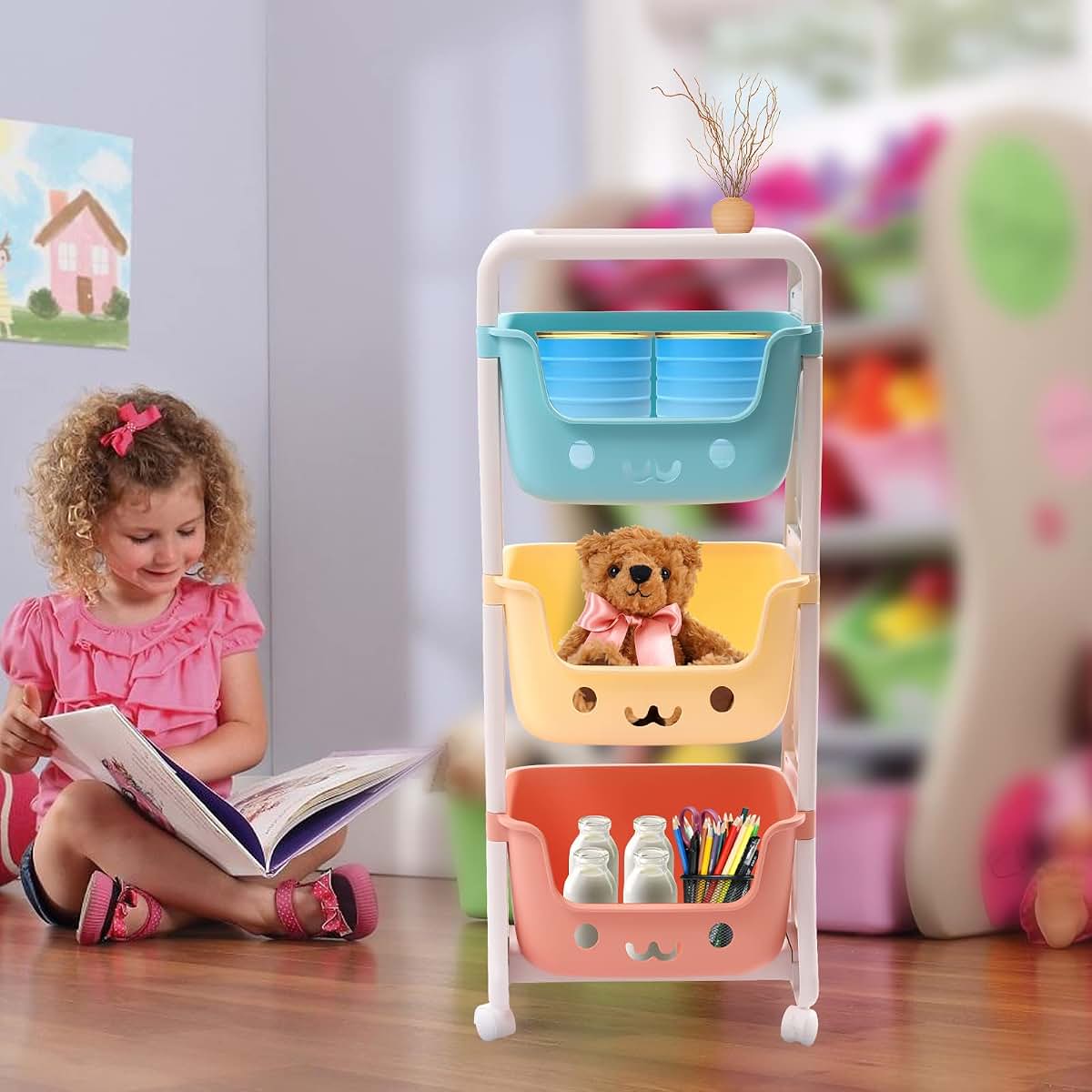 YSLoccbac 3-Tier Kids Rolling Cart Toy Storage, Plastic Mobile Shelf with Wheels, Smile Face Bins for Playroom Nursery (photo 3)