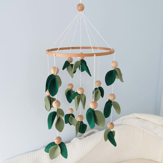 Goukurlsma Green Leaf Crib Mobile With Wooden Beads