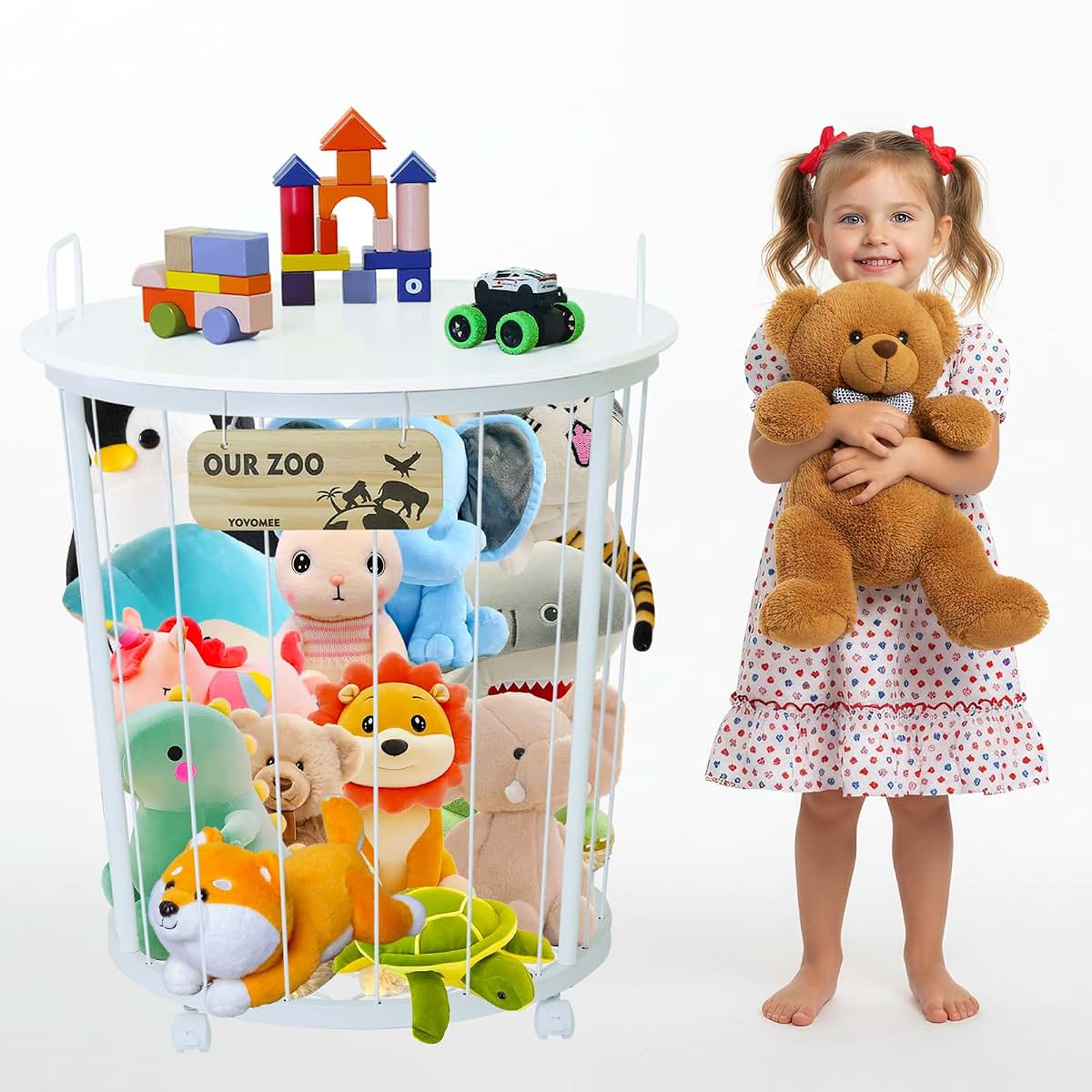 YOVOMEE Stuffed Animal Storage Organizer With Tabletop And Caster Wheels