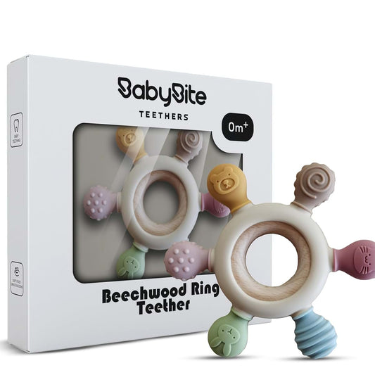 [BabyBite] Teethers Silicone and Beechwood Animal Teether for Sensory and Developmental Play for Baby and Toddler 100%