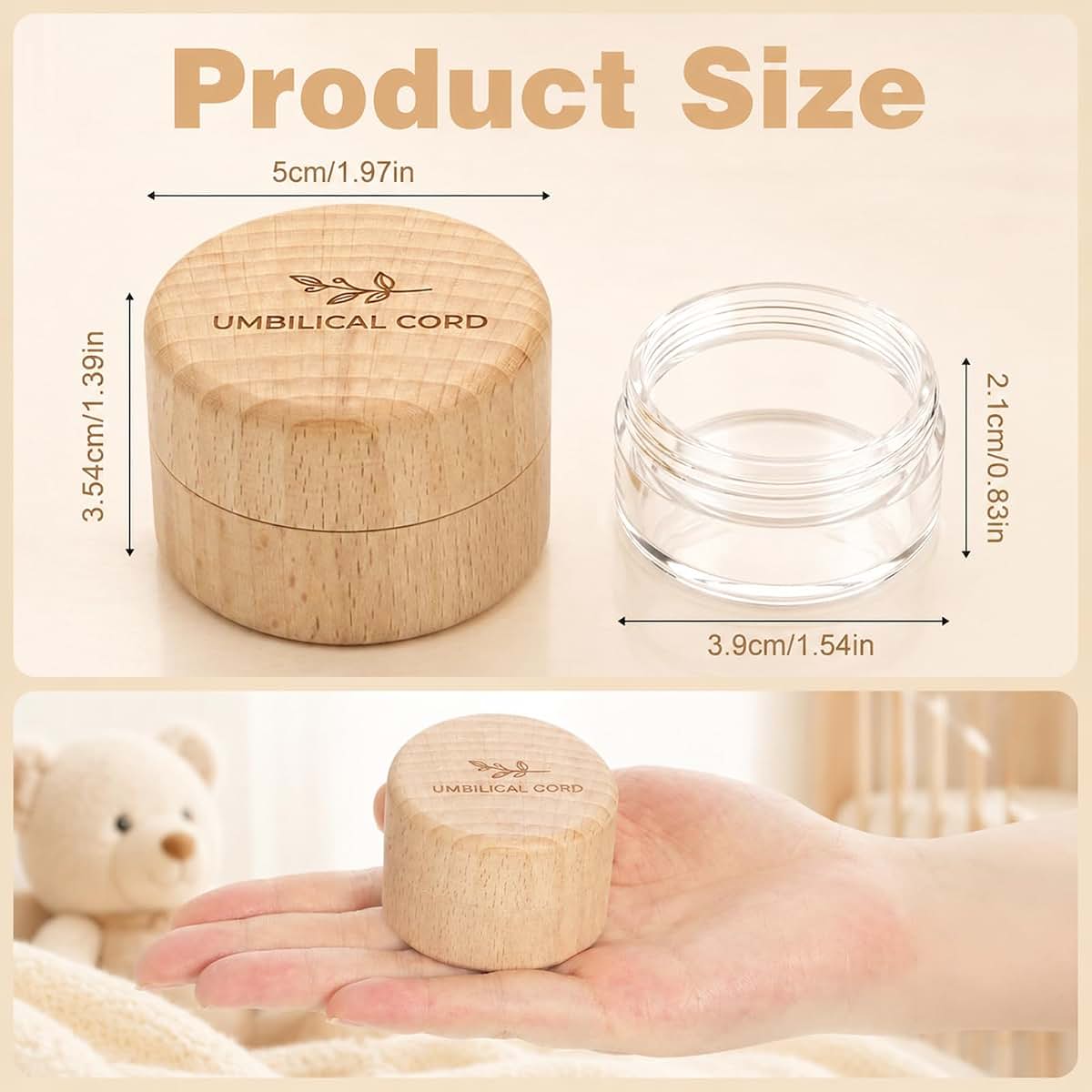 Ocapind Baby Umbilical Cord Memorial Box, Round Beech Wood Keepsake Case (photo 2)