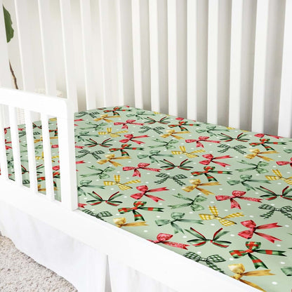 BabyOneStop Christmas Bows Crib Sheet 52x28 Red Green Tartan Stretchy Fitted Standard Crib Mattress Cover