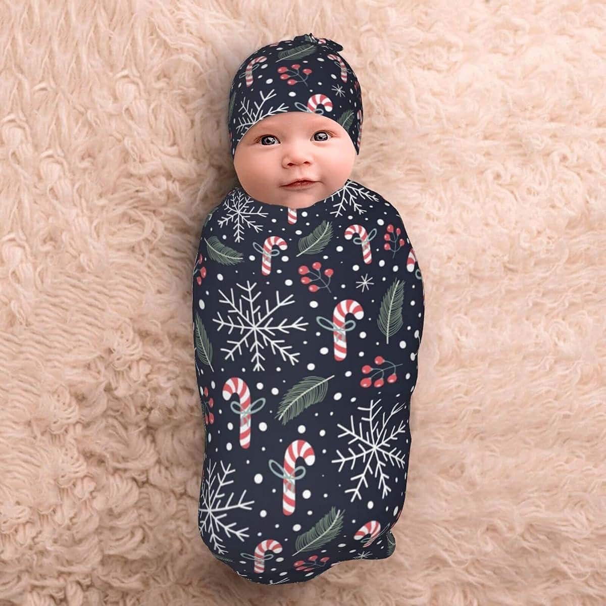 Rongyuan Christmas Newborn Baby Swaddle Blankets Headbands Beanie Hats Sets Soft and Breathable Nursery Shower Gift Set