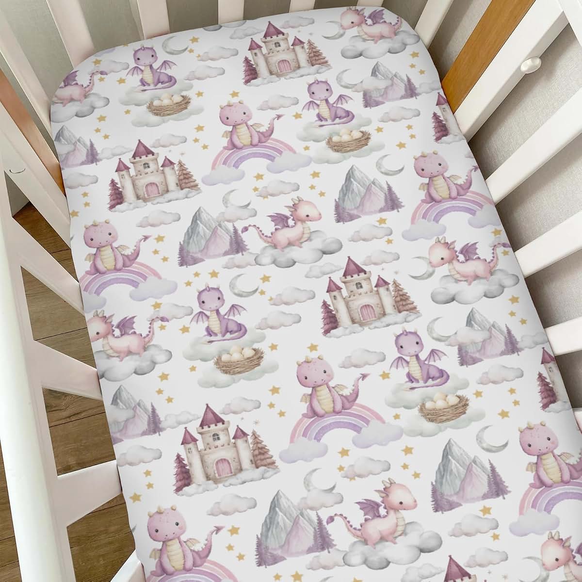 Selgkds Pink Baby Dragons Crib Sheets for Boy Girl Fairytale Dragon Castle Trees Moon Rainbow Soft Stretchy Fitted Crib