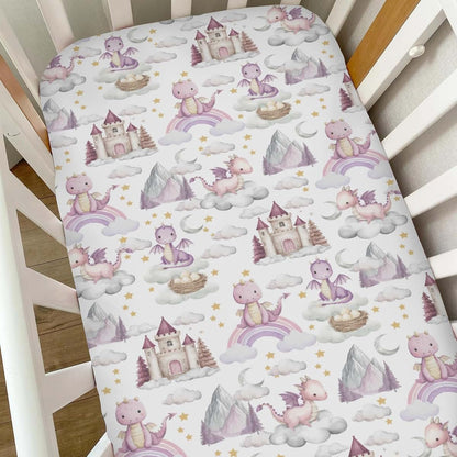 Selgkds Pink Baby Dragons Crib Sheets for Boy Girl Fairytale Dragon Castle Trees Moon Rainbow Soft Stretchy Fitted Crib