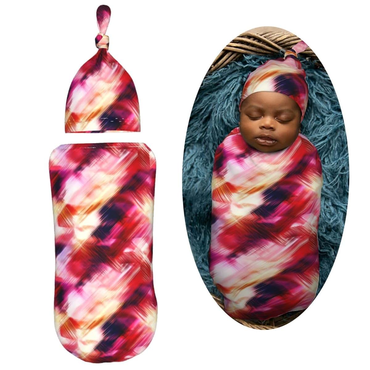 Muishi Soft Watercolor Pattern Newborn Swaddle Blankets Hat Set